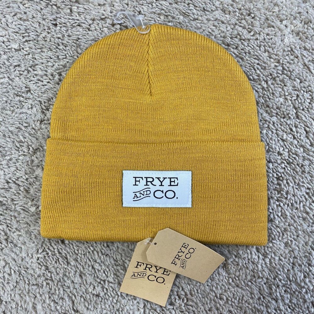 Frye And Co Knit Hat Unisex OS Cuff Logo Patch Beanie Gold Winter Modern NWT